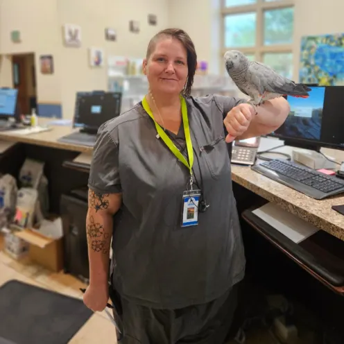 Staff member dressed in gray holding a bird